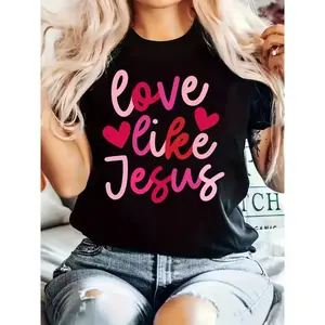 Women's Plus Size "Love Like Jesus" Graphic T-Shirt - Black with Pink Lettering & Red Hearts, Casual Short Sleeve Round Neck, Medium Stretch, Machine Washable, All-Season Comfort