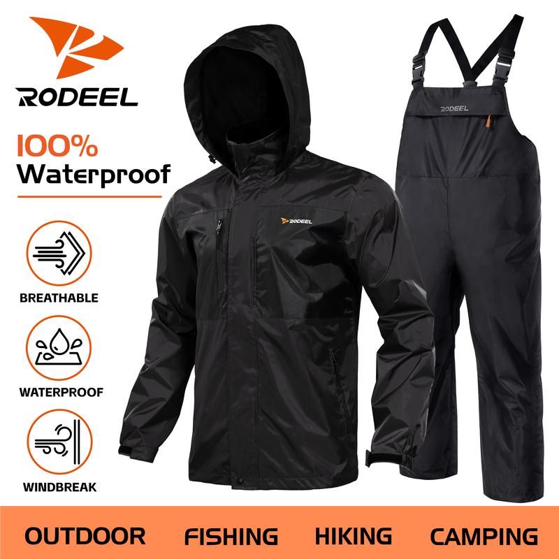 【RODEEL】Waterproof Bib Overalls Rain Suit Men Lightweight Breathable Full Zip Hooded Jacket Durable Rain Coat Weatherproof Rainwear Windbreaker For Outdoor Sports Hiking Camping Fishing Construction Roofing Landscaping Workwear, Holiday Gift