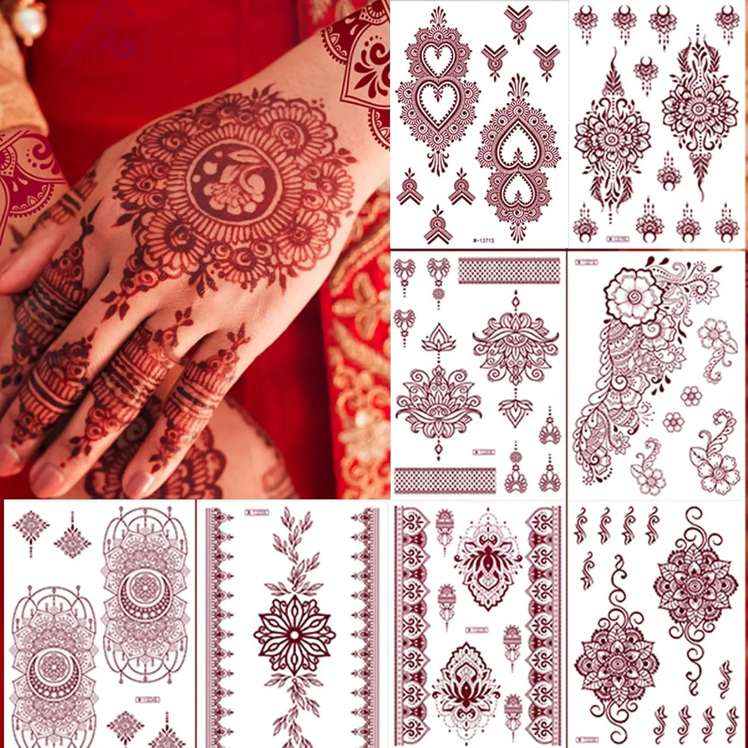 mdgfge 8 Sheets Brown Henna Tattoo Kit Lace Fake Temporary Tattoos Stickers Henna Stencils Henna Designs Waterproof Henna Tattoo for Women Wedding Cosplay Party Festival Holiday Face Body Art Tattoos Decor
