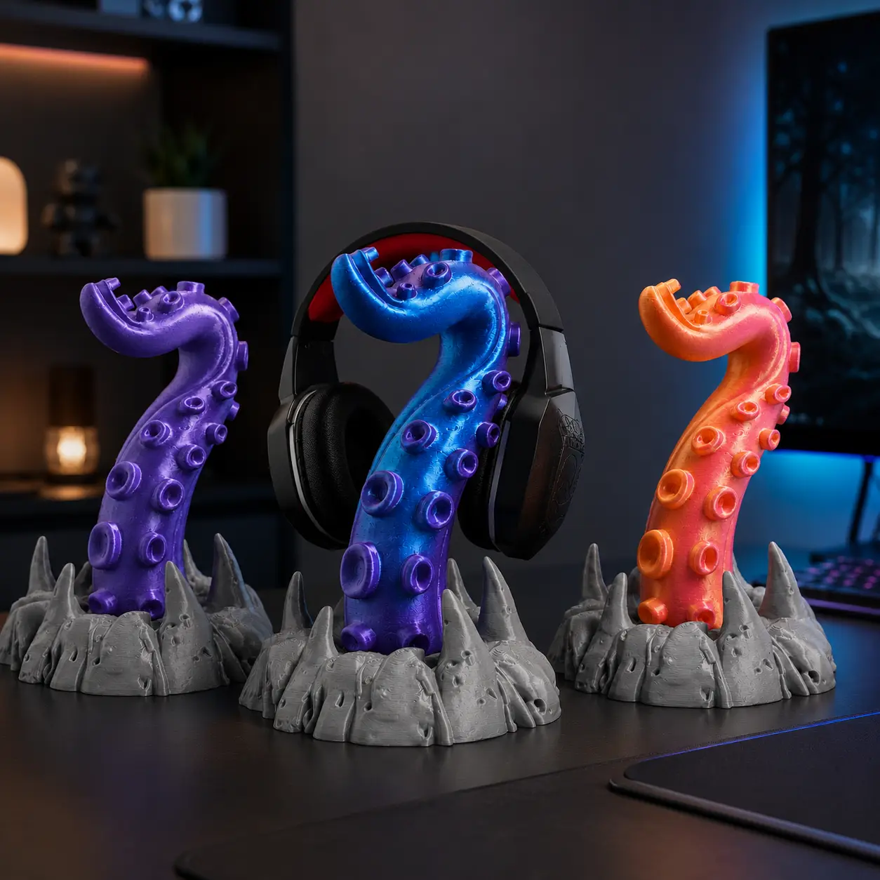 Kraken Tentacle Gaming Headphone Stand - 3D Printed Plastic Base Holder, Gaming Stuff for Gamers, Audio Accessories
