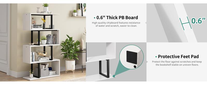 DWVO 5-Tier Bookshelf, S-Shaped Z-Shelf Bookshelves and Bookcase, Modern Freestanding Multifunctional Decorative Storage Shelving for Living Room Home Office, Cream White