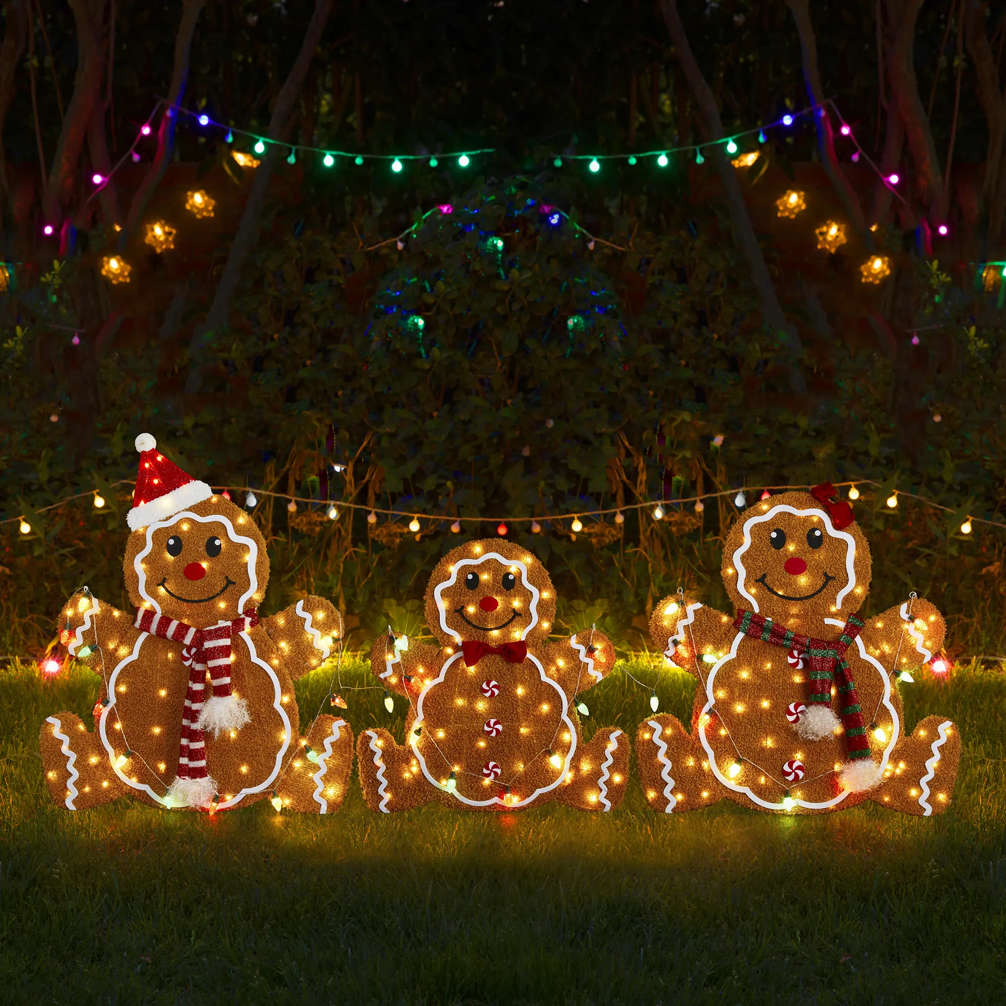 Glitzhome 3-Piece Contemporary Multi-Size 2D Fabric Lighted Gingerbread Family Outdoor Decor, Christmas Decor with Colorful Bulbs & 260 Warm White LED Outdoor Lights, Gingerbread Fun Holiday Ornament