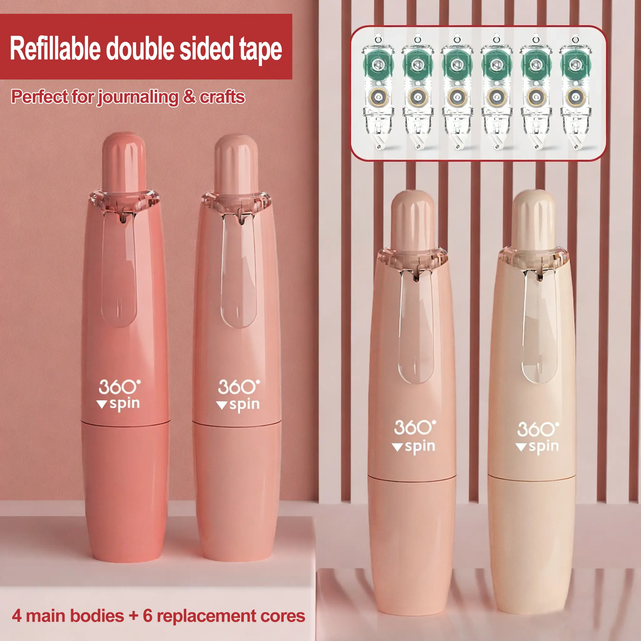 Double-Sided Colored Dot-Shape Glue Tape Pen Set - Stationery Office Supplies Adhesive Tools with Replaceable Refills, Gradient Set, 4 Bodies + 6 Refills for Junk Journal, School Projects, Self Adhesive Strip, 4+6 Pieces
