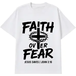 Faith Over Fear Christian Graphic Tee – Men’s Oversized Jesus Shirt with Cross & John 3:16 Print for Fall Outfits & Spiritual Gifts Casual Crewneck.....