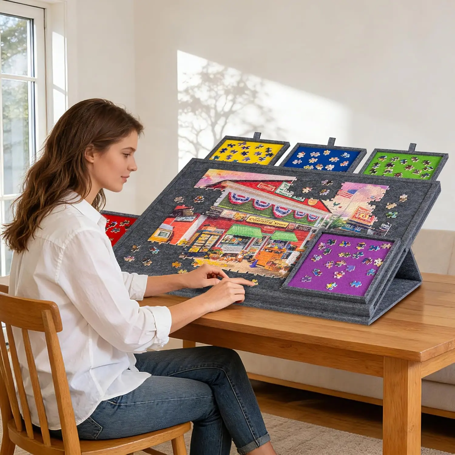 Foldable Adult Jigsaw Puzzle Board with Observation Stand - 2-in-1 Cover, Super Lightweight Grey Felt Plateau, 5 Sorter Drawers, Storage Tray, Portable Table for Up to 1000 Pieces