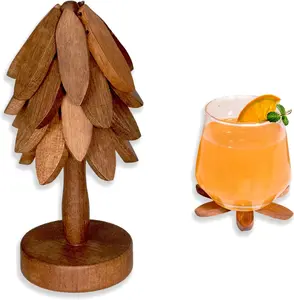 Foldable Heat-Resistant Wooden Multifunctional Tree Leaves -Shaped Sapeli Wood Drink Coasters Set – Stylish Coffee & Kitchen  Tableware Trivet Stand hand placemats