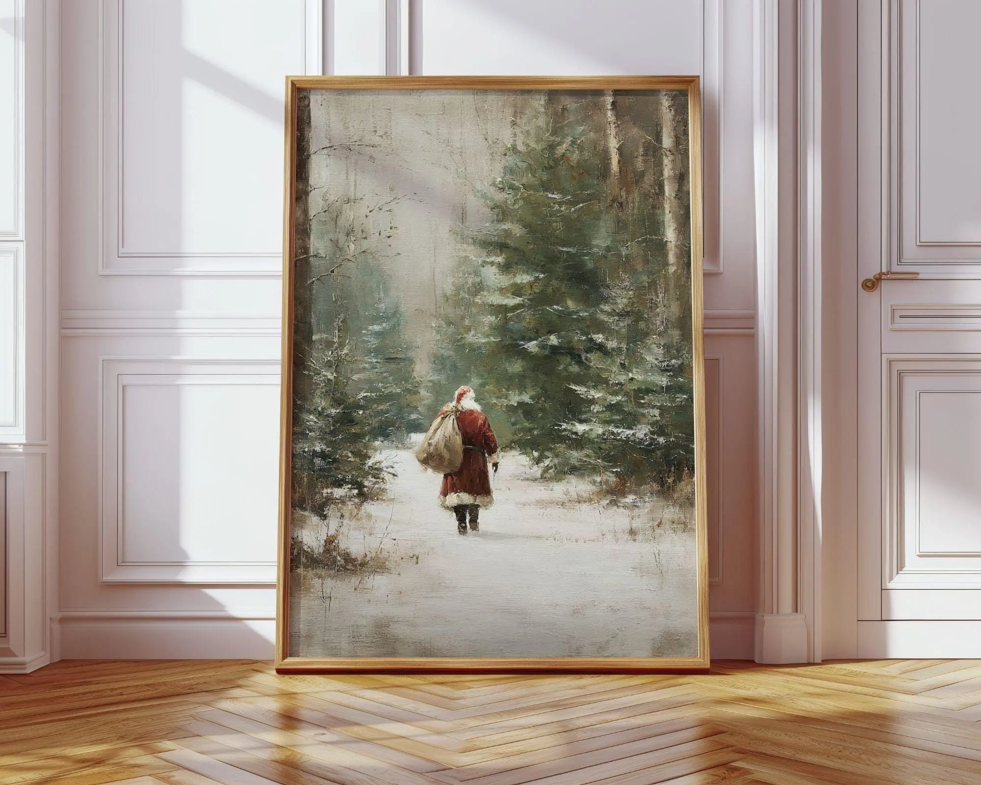 [SALE UP TO 35%] Vintage Santa Claus Painting - Classical Christmas Print, Nostalgic Charming Snowy Forest Landscape, Cottagecore Holiday