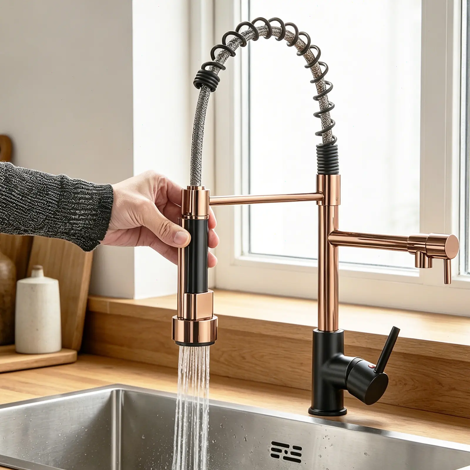 Commercial Kitchen Faucet with Pull Down Spray Stainless Steel Single Handle Dual outlet Kitchen Sink Faucet High Arc Spring Faucet 1Hole Deck Mount,Suitable for Farmhouse Camper Laundry Rv B