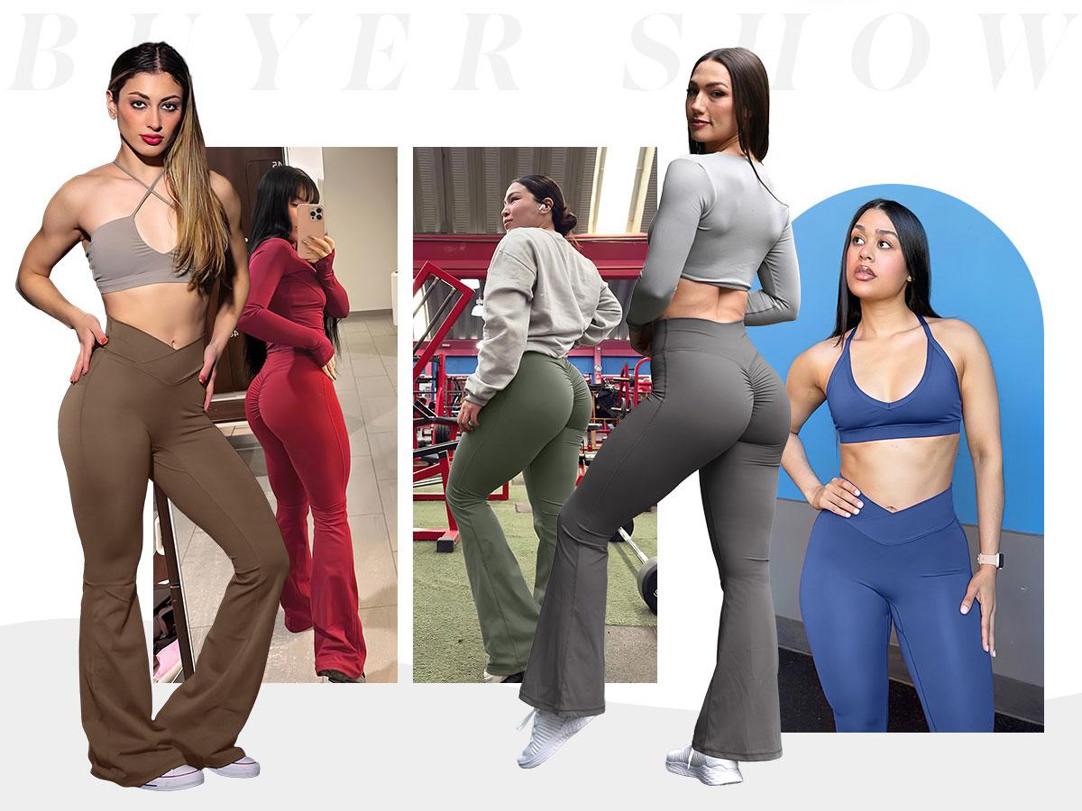 YEOREO Kalie Flare Scrunch Leggings for Women V Cross Waist Bell Bottom Yoga Pants Tummy Control Bootcut Workout Leggings SpringStatements