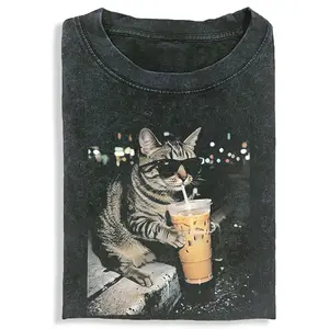 Cat Drinking Iced Coffee T-shirt, Unisex Vintage Crew Neck Regular Fit Cotton Fabric Casual Comfort Breathable Short Sleeve Funny T-shirts Fashion Men&Women's Top for Streetwear 021005