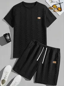 Men's casual jacquard knit T-shirt and shorts set, summer two-piece set, casual tropical style, men's clothing, 2-piece matching outfit