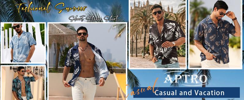 APTRO Men's Fitted Short Sleeve Tropical Floral Button Down Shirt for Summer Beach Wear Machine Washable Casual Boho Style Menswear Soft Top Fabric Hawaiian Pocket Stylish Shortsleeve