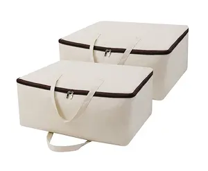 2-Pack Heavy Duty Canvas Cotton Storage Bags for King/Queen Duvets | Soft & Breathable | 3-Zip Opening, Dust Proof Blanket Organizer Bag | 23.6 * 8.7 * 17.7inches