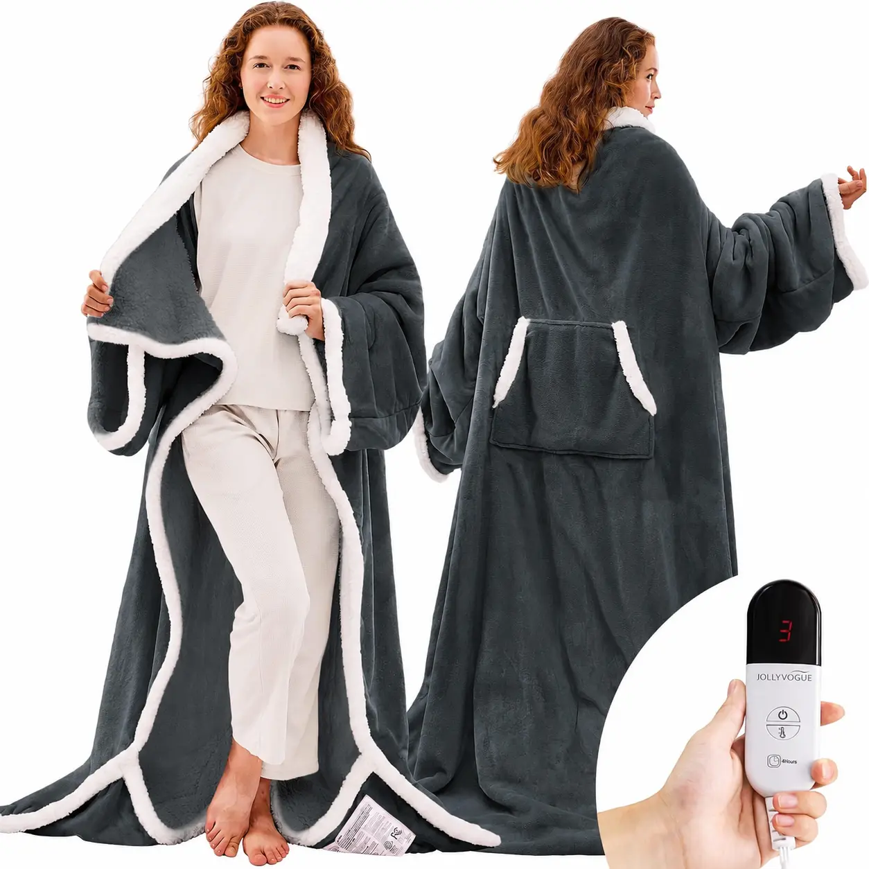 JOLLYVOGUE Wearable Heated Blanket - Heating Electric Blanket with Sleeves & Foot Pocket, Heated Throw for Adult, Birthday Gifts with 7 Heat Settings & Fixed 4h Auto Shut-Off (50 * 70 Inch)