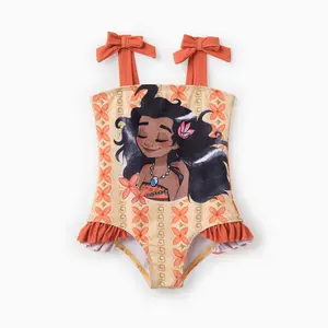Disney Moana Girls One Piece Swimsuit - Orange Geometric Print Ruffle Hem Swimsuit with Bow Straps, Official Moana Character Swimwear for Toddlers & Little Girls， Spring Glow Up