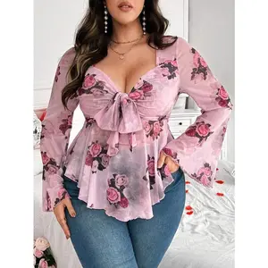 Franclia Plus Size Women Floral Print Tied Front Long Sleeve T-Shirt, Valentine's Day, Rose, Heart, Polka Dot, Love, Lip, Cupid Themed