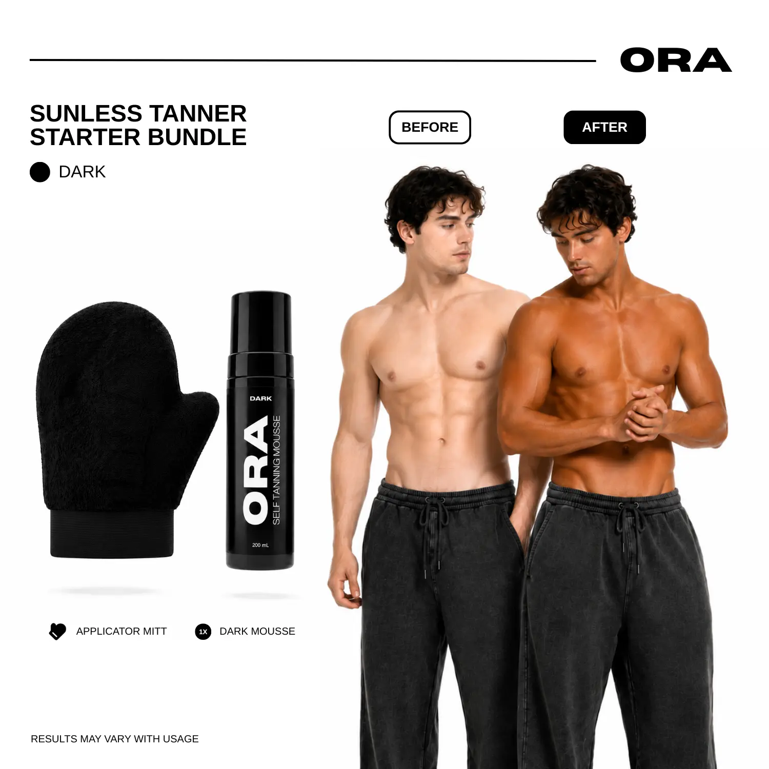 ORA Dark Self Tanning Mousse Starter Kit - 200mL Self Tanner + Premium Velvet Applicator Mitt | Streak-Free Sunless Tanner for Men, Natural Looking Fake Tan, Muscle-Defining, Fast-Drying, Vegan & Cruelty-Free