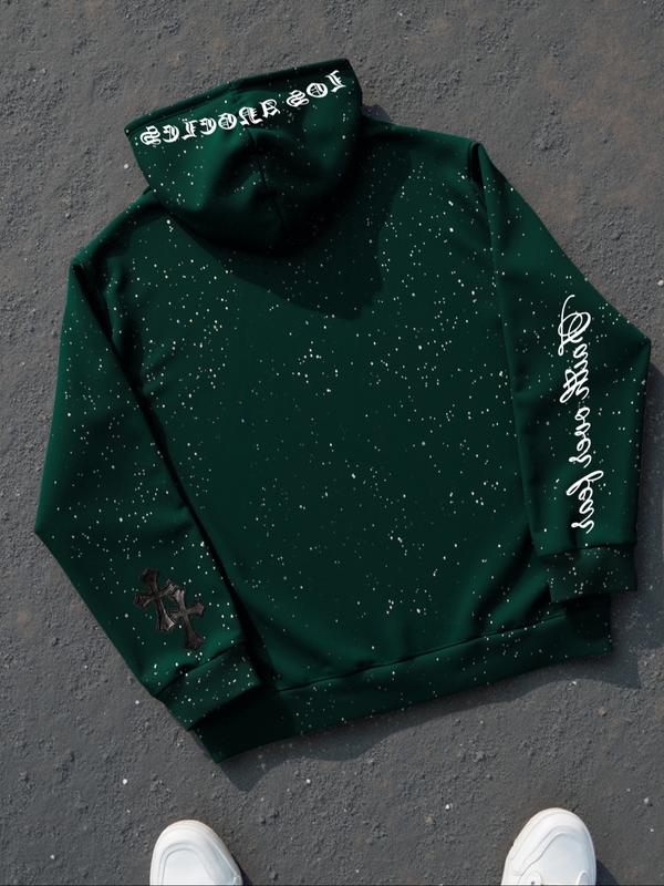 Men's Fleece Hoodie Sweatshirt, Gothic Cross Element, Star Dye Craft, Kangaroo Pocket, Casual Loose Fit Drawstring Pullover, Fall & Winter Men's Fleece Hoodie Sweatshirt, Gothic Cross Element, Star Dye Craft, Kangaroo Pocket, Casual Loose Fit Drawstring Pullover, Fall & Winter