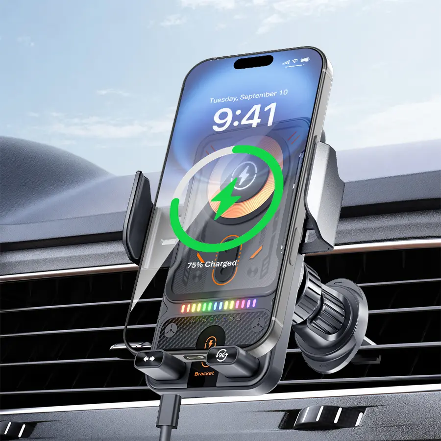 BiLOLLY Smart Car Phone Holder, 15W Fast Wireless Car Charger with Infrared Sensor Auto Clamping, One-Touch Release, 90° Rotating Air Vent Car Mount fit for iPhone, Samsung, Android Smartphone Car navigation mount