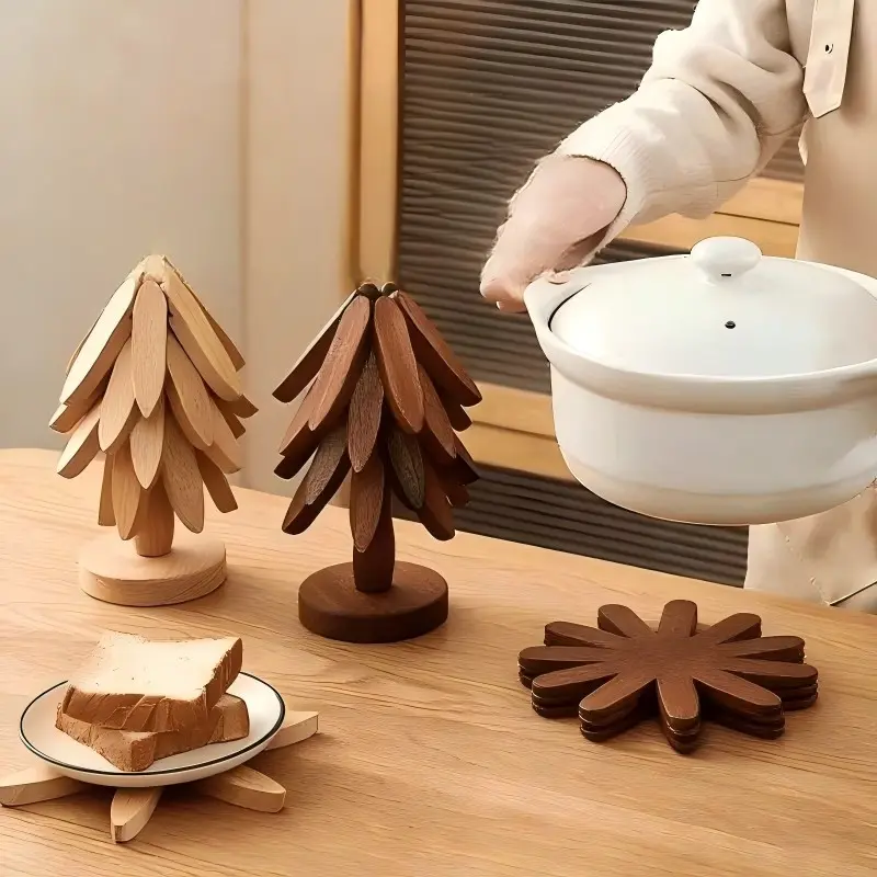 Wooden Tree-Shaped Heat Insulator Pad, Creative Foldable Table Mat, Heat Resistant Placemat, Coasters, Durable High-Temperature Protection for Pots and Bowls, Natural Wood Material