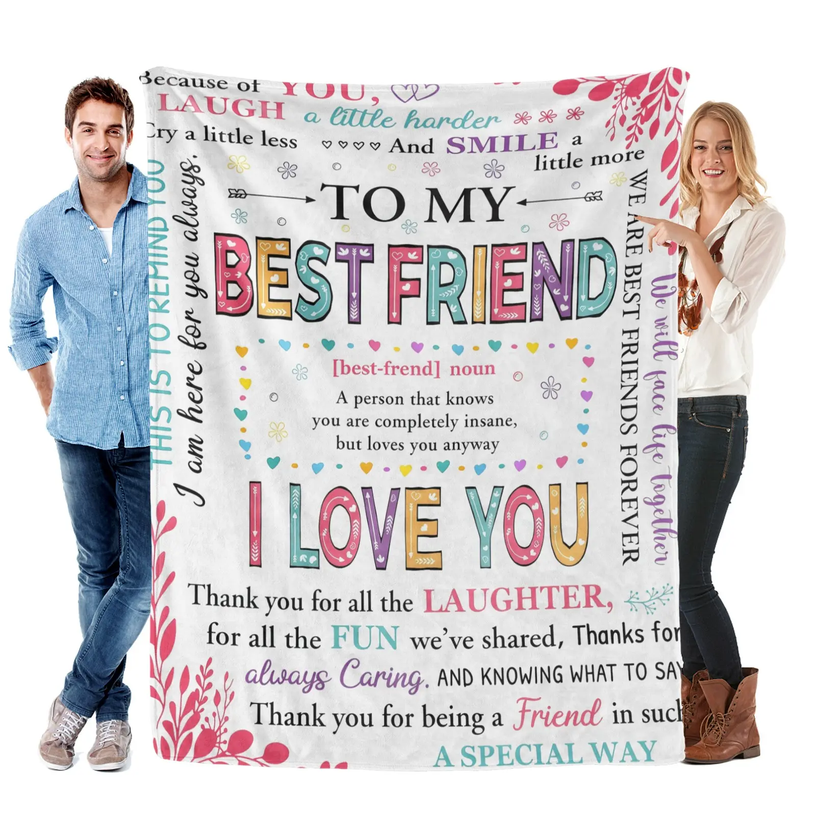 To My Best Friend Soft Comfy Flannel Blanket - Cozy Throw Blanket with Playful BFF Quote 'Insane But Loved' Definition, Vibrant Print, Perfect for Gifting to BFFs or Snuggling Warmly, Cozy Throw Blankets