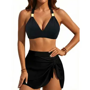 VIMPUNEC Women V Neck Tummy Control Bikini Set Metallic Strap High Waisted Swimsuit Two Piece Swim Skirt Elegant Flattering Bathing Suit