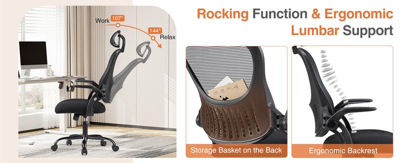 Sweet Furniture S - Ergonomic Office Chair with High-Back Mesh, Adjustable Headrest and Rolling Wheels, Comfortable Lumbar Support, Flip-up Arms