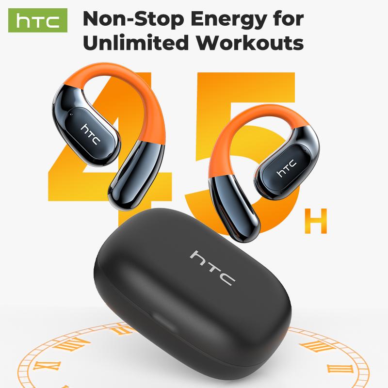 HTC Open-Ear True Wireless Bluetooth Headphones with Microphone LED Smart Controls Earbuds with Earhooks Sweat Resistant Wireless Earphones 48HRS Playtime Headsets Compatible with all Phone Glow Light Strip for Safer Night Running
