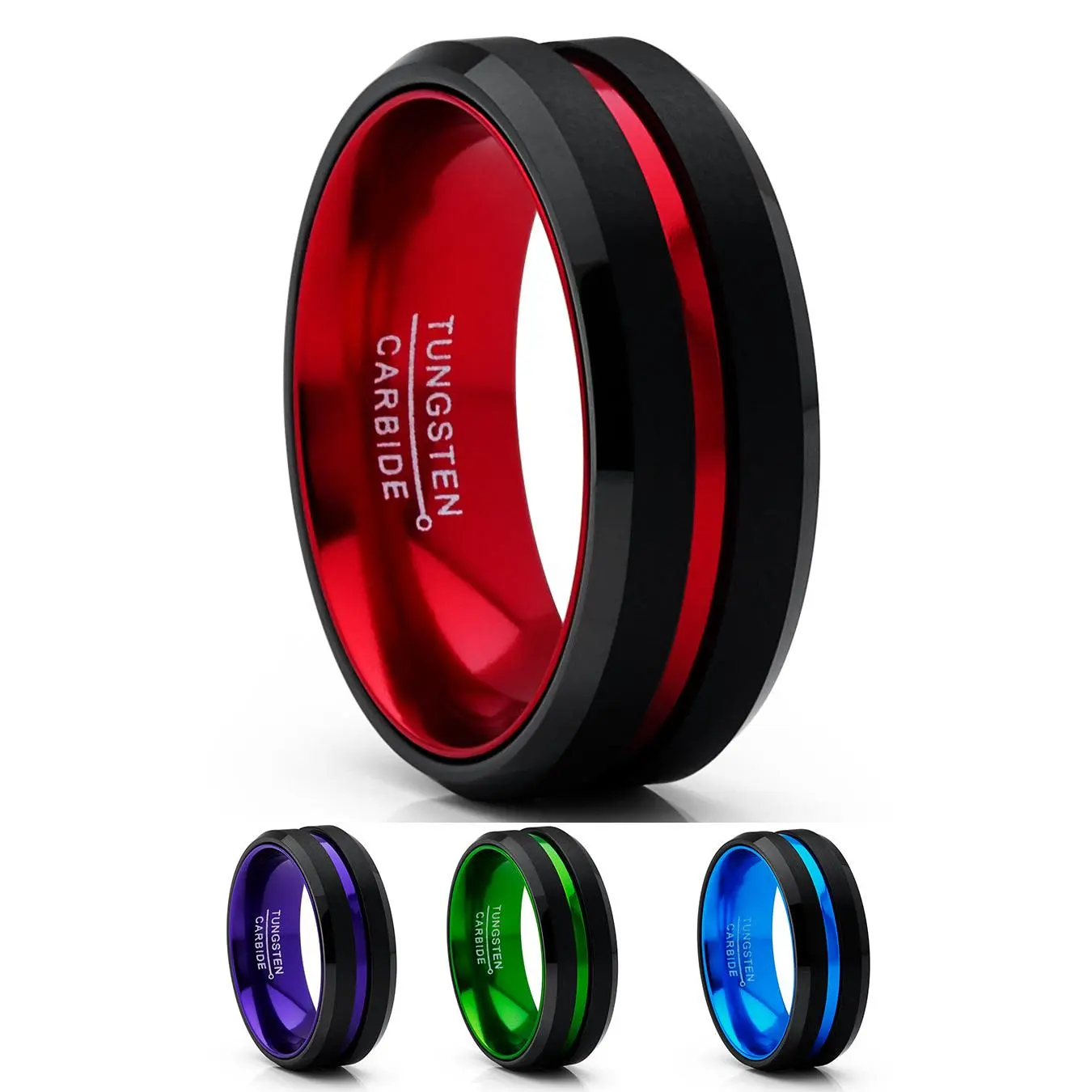 Men's Hypoallergenic Tungsten Carbide Grooved Wedding Rings, 8MM Width with Blue, Red or Green Colored Interior, Protection