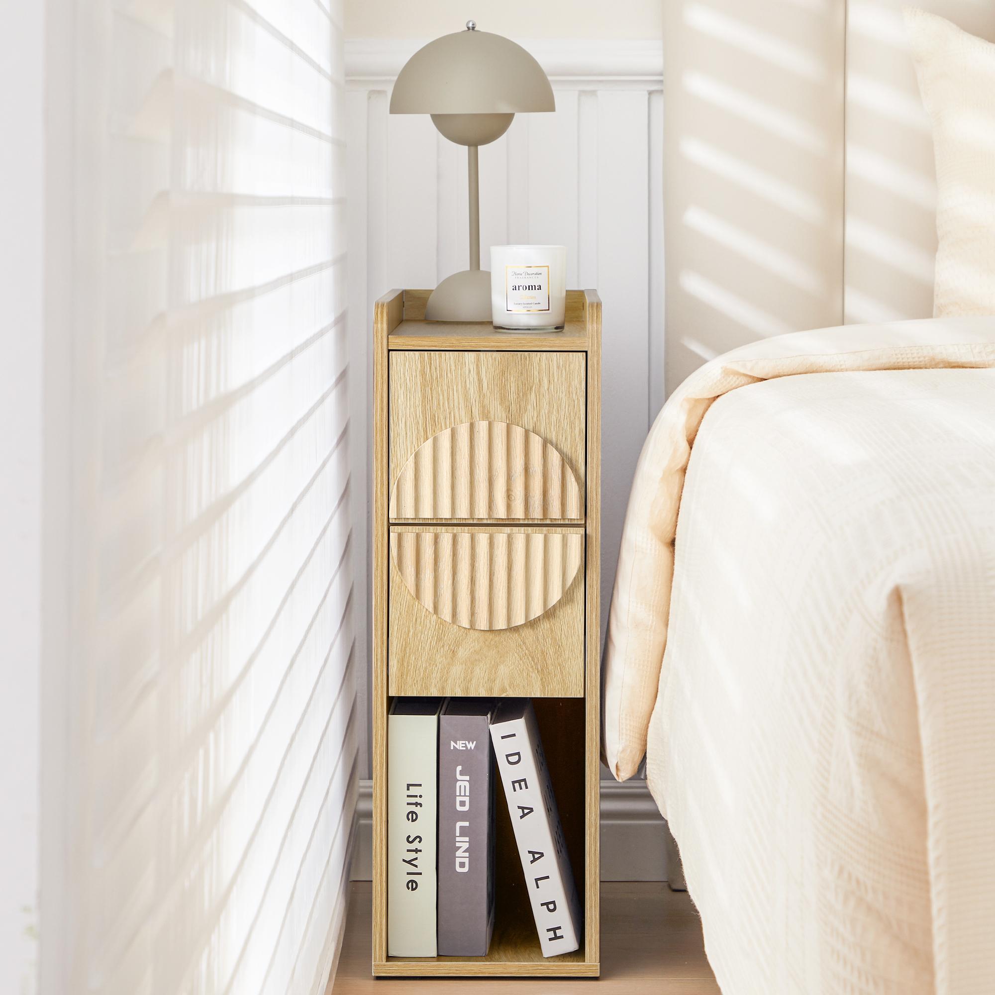 Giratree Slim Mid-Century Modern Nightstand with 2 Drawers, Narrow Fluted Wooden Side Table for Small Spaces, Tall Skinny Bedside Table for Bedroom or Living Room Giratree Slim Mid-Century Modern Nightstand with 2 Drawers, Narrow Fluted Wooden Side Table for Small Spaces, Tall Skinny Bedside Table for Bedroom or Living Room