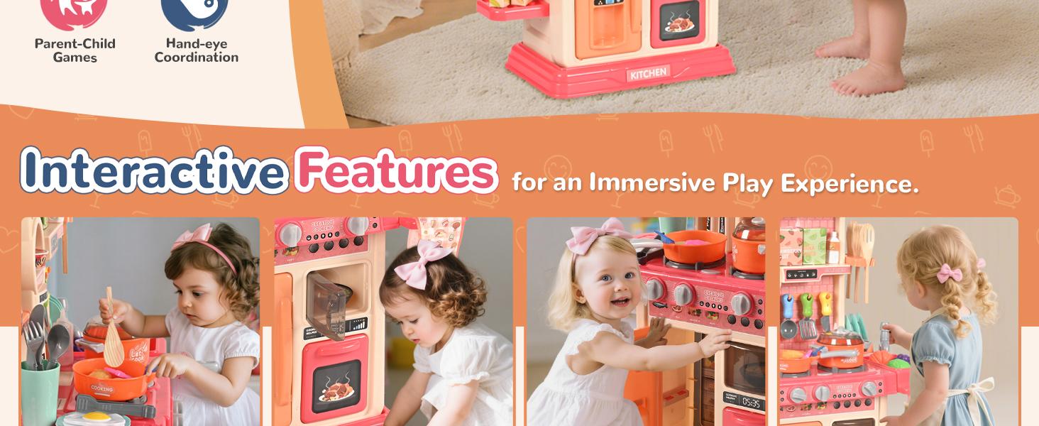 cossy Kids Play Kitchen,Toddler Kitchen with Sound and Light,Cooking Stove with Steam,Play Food Toy and Kitchen Accessories,Play Kitchen for Toddlers,Pink cossy Kids Play Kitchen,Toddler Kitchen with Sound and Light,Cooking Stove with Steam,Play Food Toy and Kitchen Accessories,Play Kitchen for Toddlers,Pink