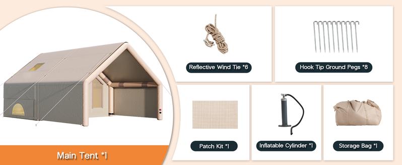 AMERLIFE Inflatable Tent for Camping, Large Blow Up Tent with Easy Setup Pump, Skylight, Stove Jack, Doors, Waterproof Oxford Outdoor Cabin, Ideal for Family, Emergency Shelter, Glamping