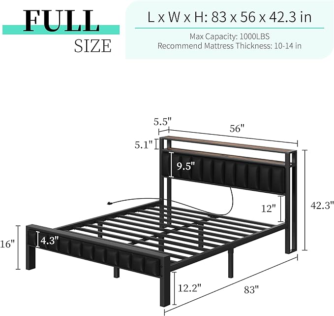 AMERLIFE Platform Bed Frame with LED Light, PU Headboard, Charging Station and 2-Tier Storage Space,Best Gift Ideas/Christmas Gifts