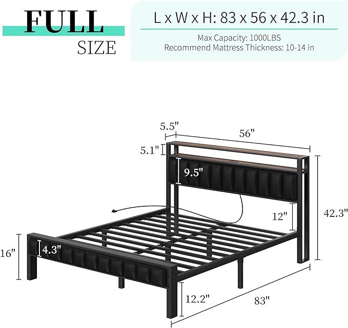 AMERLIFE Platform Bed Frame with LED Light, PU Headboard, Charging Station and 2-Tier Storage Space,Best Gift Ideas/Christmas Gifts