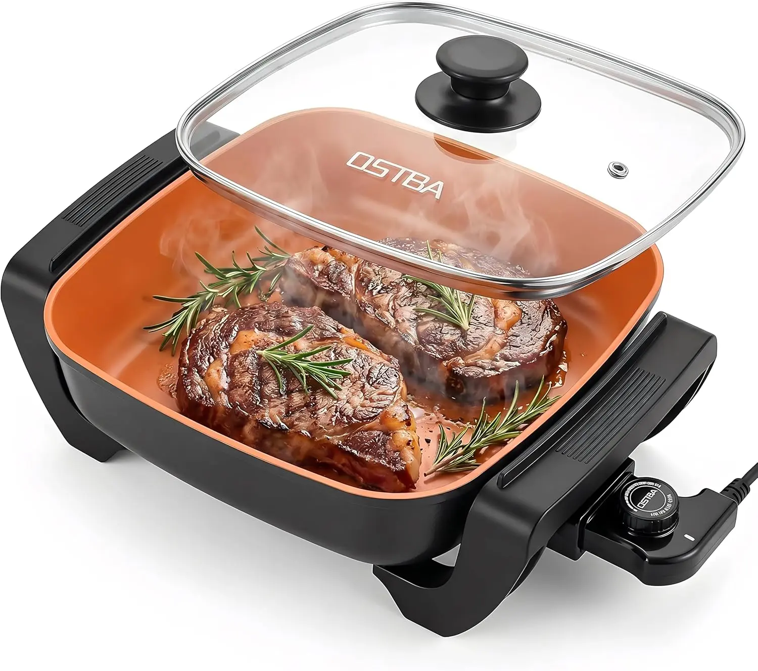 OSTBA Electric Skillet and Frying Pan with Glass Lid, 12"x12" Copper Nonstick Electric Pan for Cooking, 1500W Power, Cool Touch Handles, Adjustable Temperature, PTFE & PFOA Free,home essentials