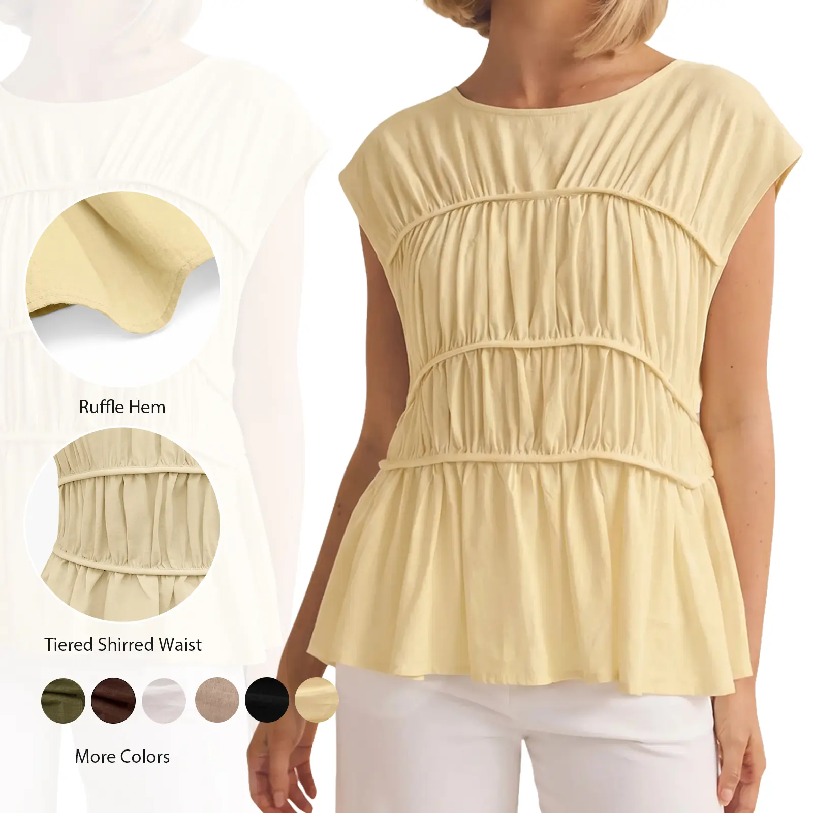 Cicy Bell Womens Cap Sleeve Peplum Tank Tops Summer Babydoll Smocked Cotton Shirts Casual Crew Neck Pleated Blouse Boho Ruched Bust Breathable Womenswear