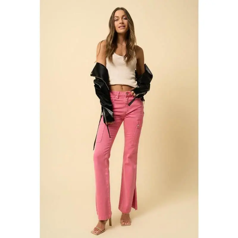 Women's Slim Fit Pink Cargo Jeans - High-Waisted Bootcut Crop Stretch Denim with Utility Pockets, Split Hem, Soft, Casual Streetwear Bottoms for Everyday Wear