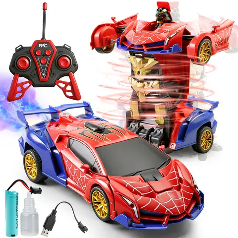 RC Transforming Car Toy for Kids, Remote Control Car with Spray Mist, One Button Transform Robot Mode, 2.4GHz Control, Light Effects, Action Car Toy for Boys Girls