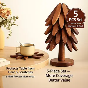 Kitchen Essentials Natural Tree Trivet Set - 5 Wooden Trivets & 1 Stand - Heat-Resistant Foldable Design - Durable Solid Beech Wood - Ideal for Hot Dishes Pots Bowls Teapots - Handcrafted with Pride Coasters Coffee Table Mat Stylish