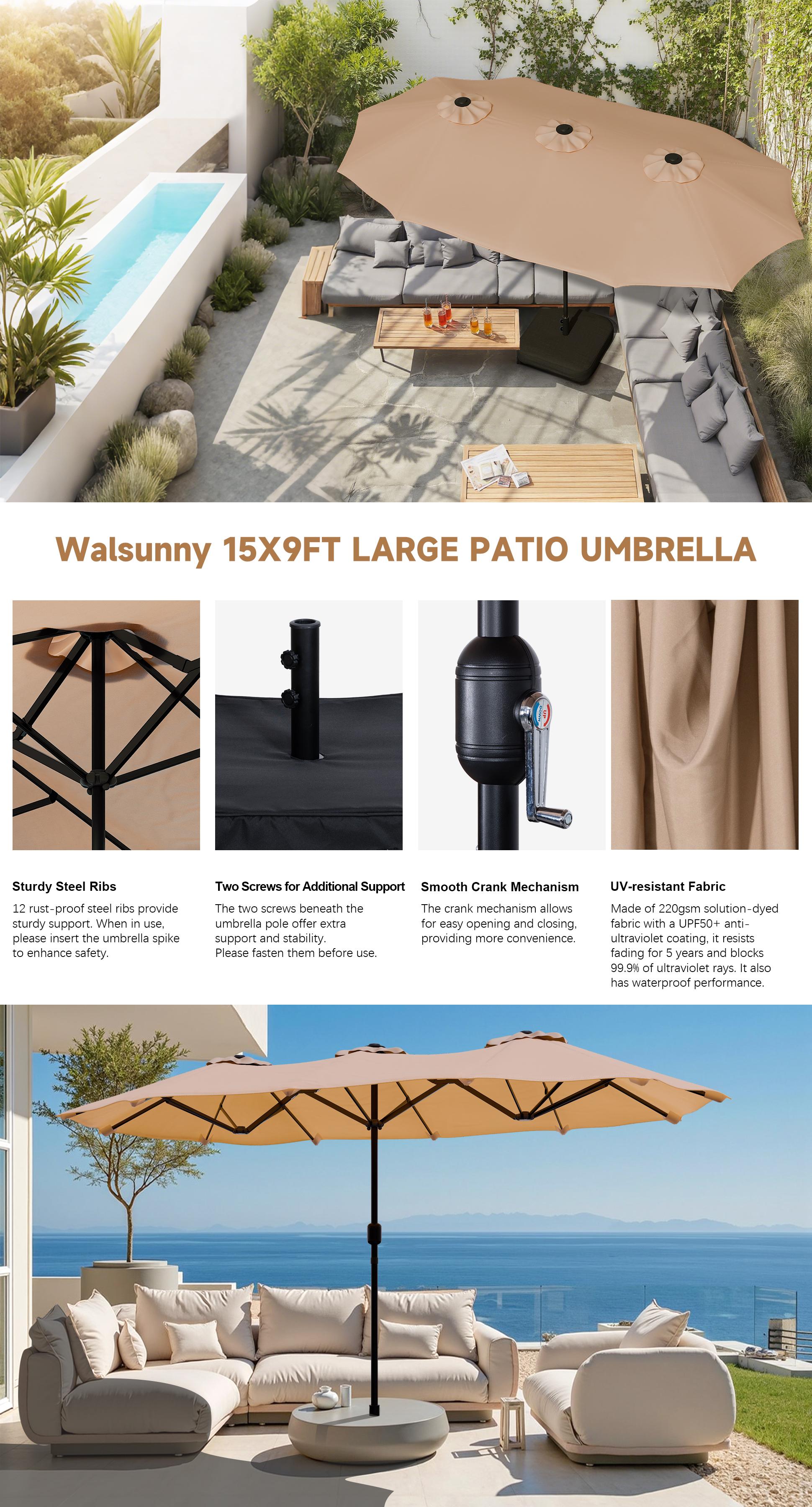 Walsunny 15 ft Large Patio Umbrella with Base Include,Double Sided Outdoor Rectangular Patio Umbrella with Crank Handle for Pool Garden Backyard,Beige