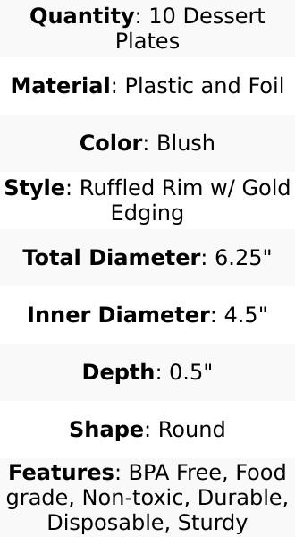 10-Pack Plastic Round 6" Dessert Plates in Blush Ruffled Rim with Gold Edging - Sturdy Disposable Salad Appetizer Dinnerware