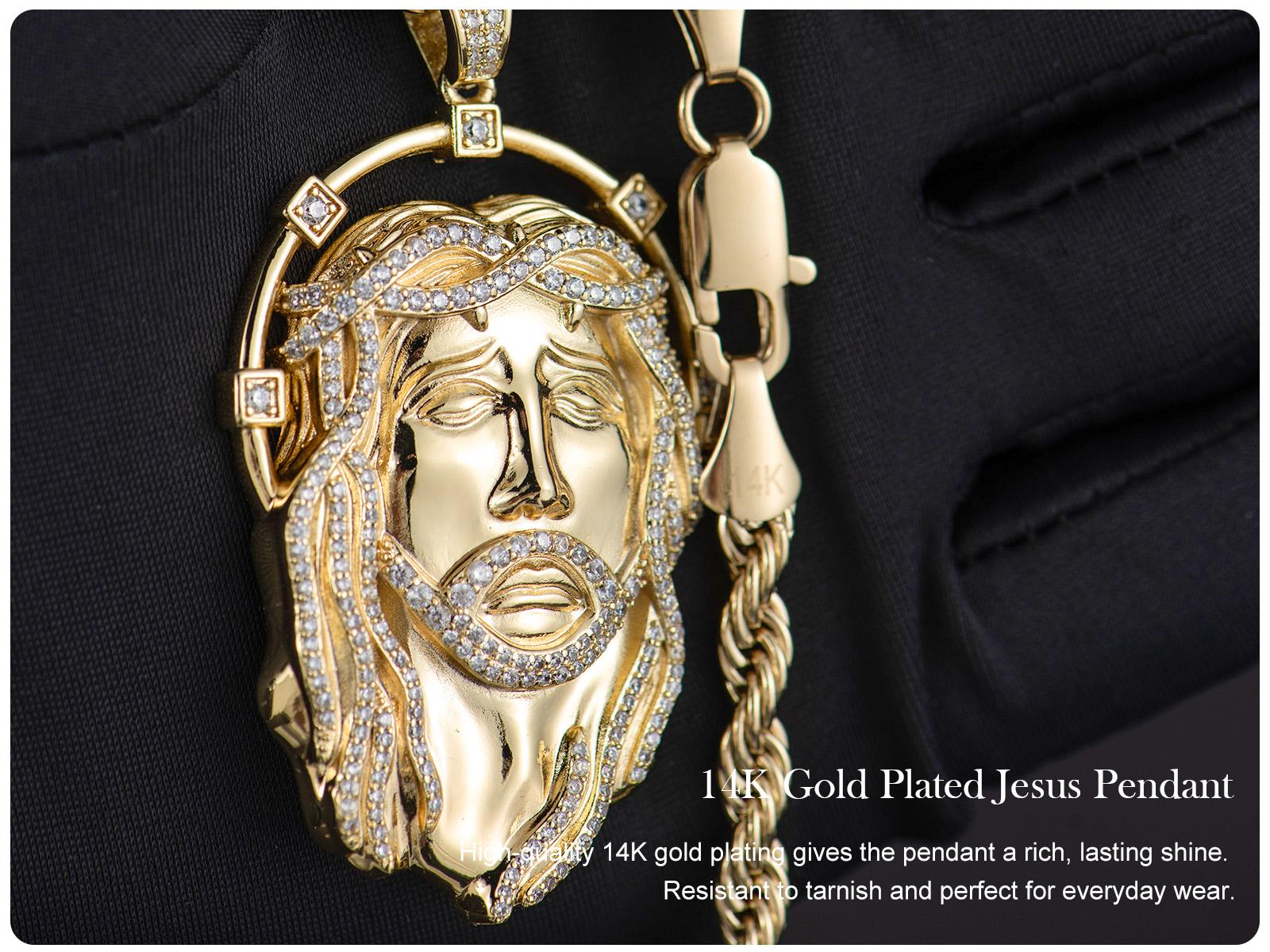 Holylegend 14k Real Gold-Plated Mens Jesus Pendant Necklace, Iced Out Jesus Head with Halo, CZ Diamond Hair & Fully Paved Bail, Hip Hop Religious Jewelry, Gift for Fashion Lovers