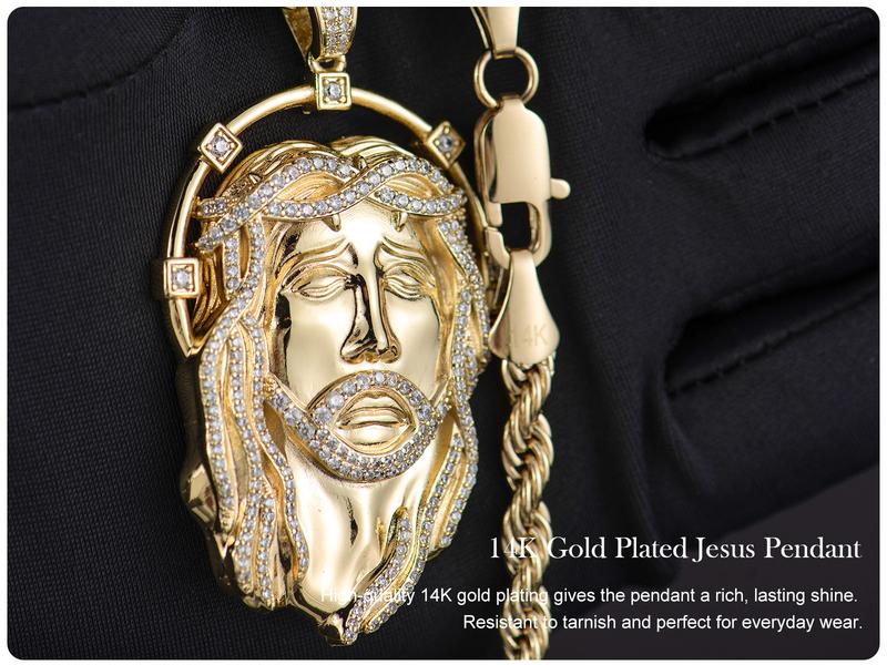 Holylegend 14k Real Gold-Plated Mens Jesus Pendant Necklace, Iced Out Jesus Head with Halo, CZ Diamond Hair & Fully Paved Bail, Hip Hop Religious Jewelry, Gift for Fashion Lovers
