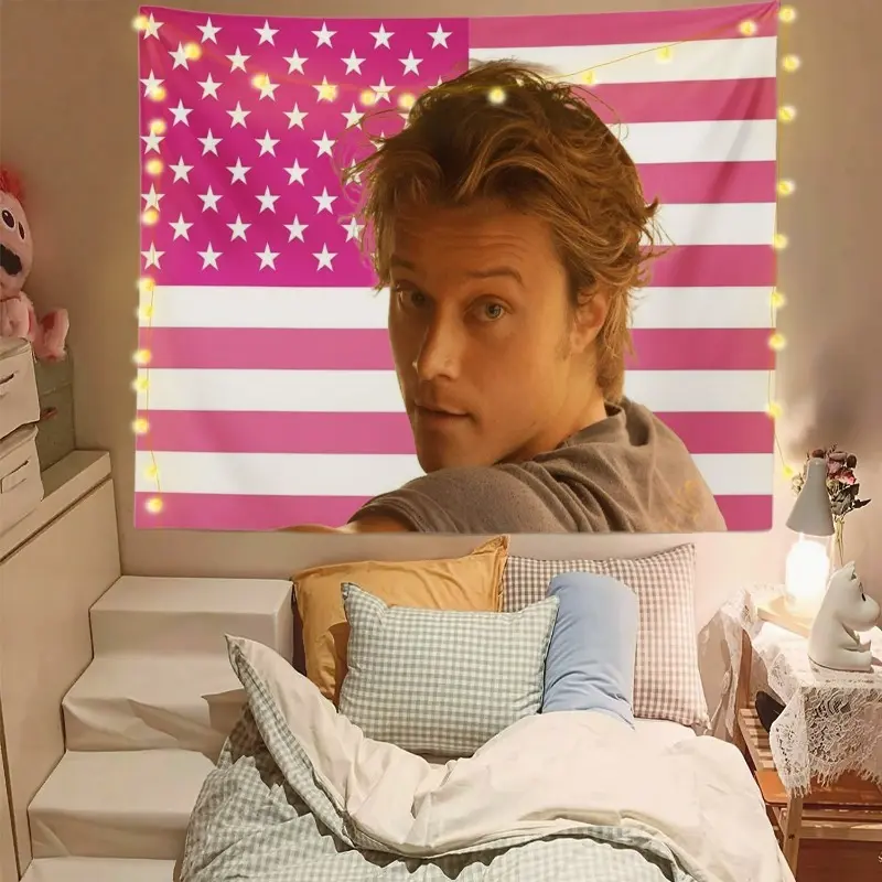 Rafe Cameron Pink American Flag Tapestry - Drew Starkey Themed, Watercolour Retro Vintage Hanging Wall Decor with Letters & Animals for Bedroom Dorm Home Supplies