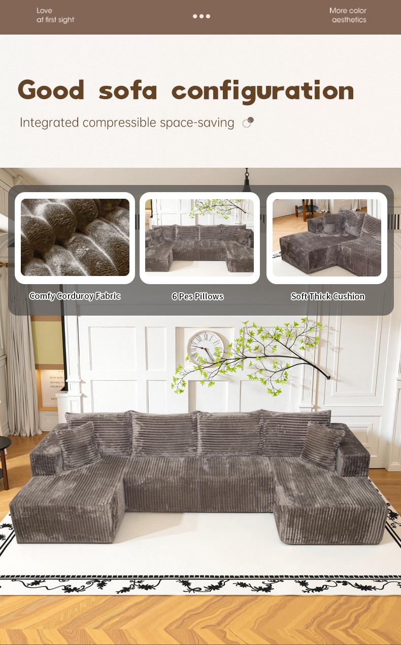 【3 Pack Shipment】[2 Free Pillows] U-Shaped Convertible Corduroy Sectional Sofa Compressed Corduroy Fast Shipping (US Warehouse) living room boneless sectional couch