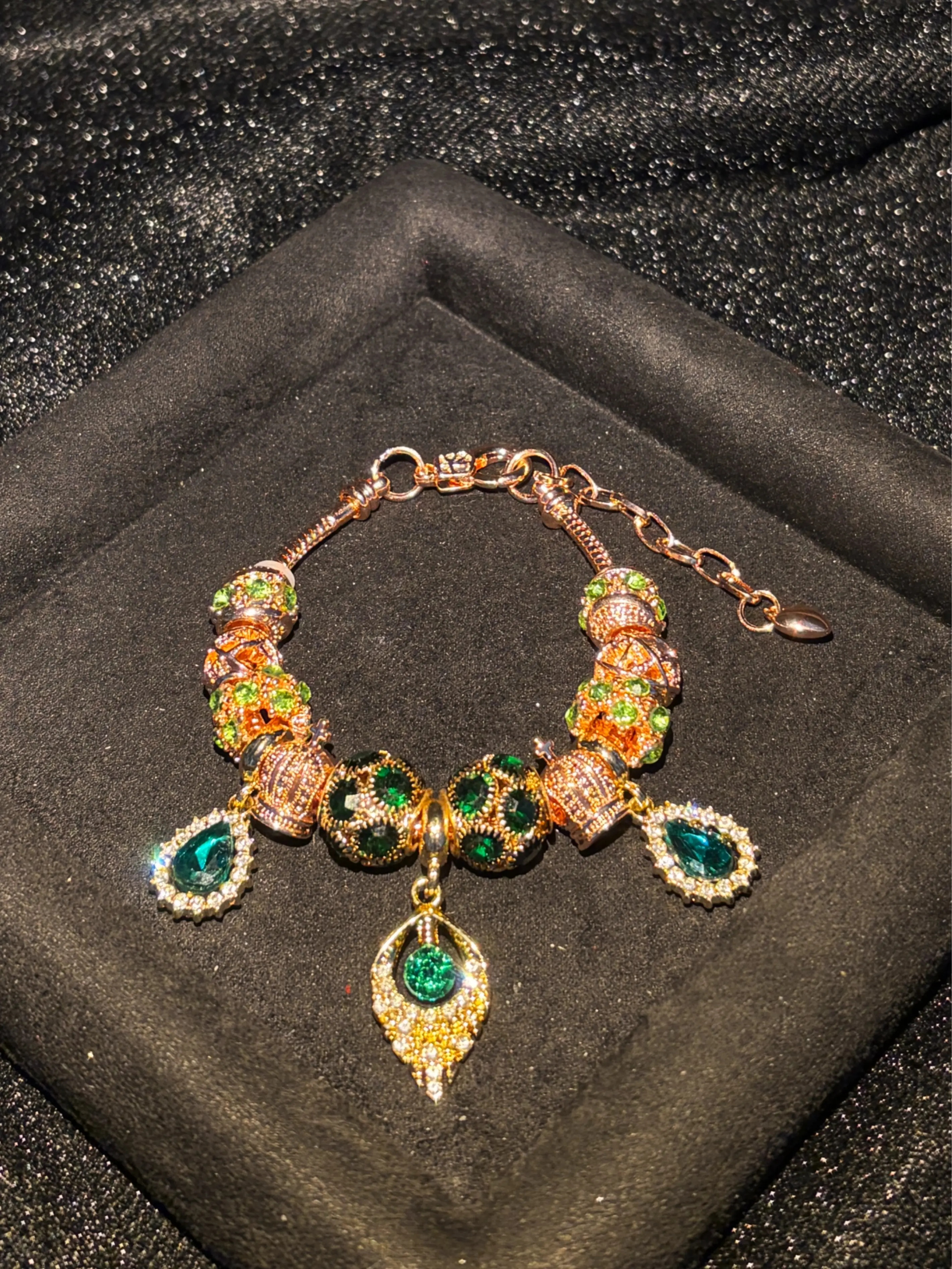 Women's Peacock Feather Charm Bracelet - Rose Gold-Tone Chain, Sparkling Green Crystal Beads, Vintage Elegant Costume Jewelry Gift