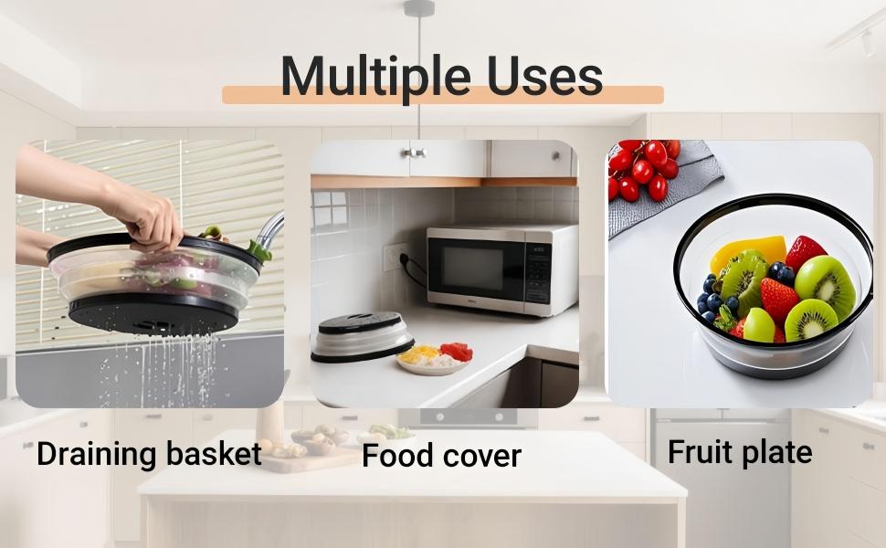 LMMAKE Upgrade Collapsible Microwave Lid 10.5 Inches Vented Folding Plate Cover Grey Silicone Handle BPA Free PP Material Multifunctional Kitchen Tool for Easy Heating and Produce Cleaning Hanging Utensils