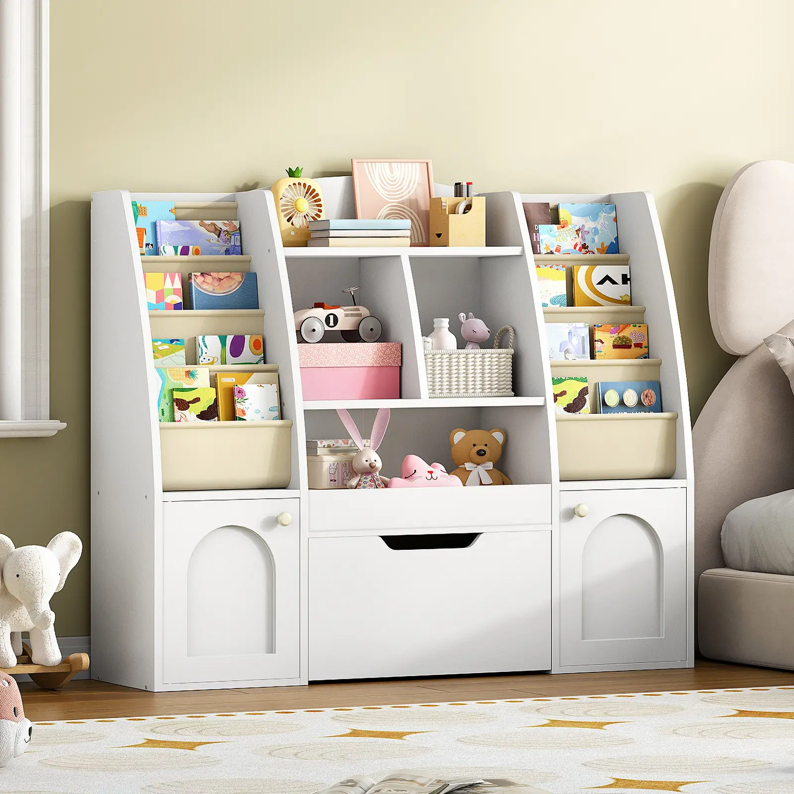 HOOBRO Kids Wall Corner Bookshelf & Toy Storage Organizer, White - 1 Wheeled Drawer, 2 Cabinets, 4 Side Fabric Sling Bookshelves, Open Shelves for Bedroom, Living Room