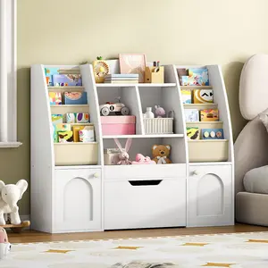 HOOBRO Kids Bookcase, Toy Storage Organizer, with 1 Wheeled Drawer, 2 Cabinets, 4 Fabric Sling Bookshelves on Both Side & Open Shelves, for Books and Toys, for Bedroom, Living Room, and Reading Room, white