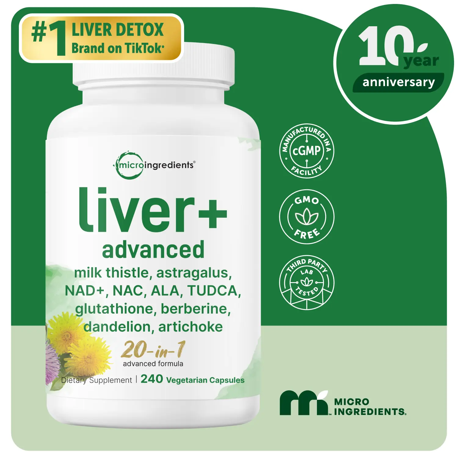 Micro Ingredients Liver Advanced+, 240 Veggie Capsules, 20-in-1 Advanced Support Complex